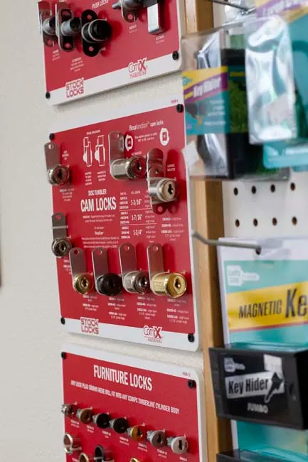 Cam lock and furniture lock display in the shop