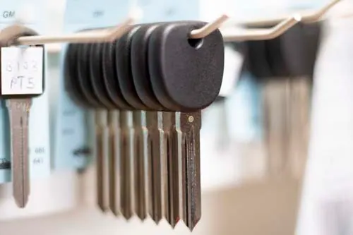 Transponder car key blanks hanging on the shop wall