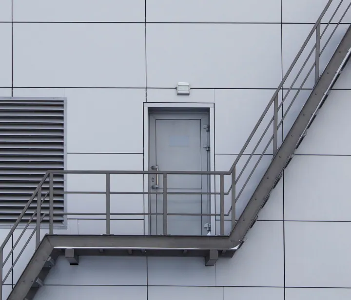 Commercial building exit door and stairs