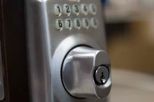 Close-up of a keypad deadbolt