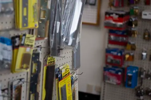 Pegboard wall of locks and hardware in the shop